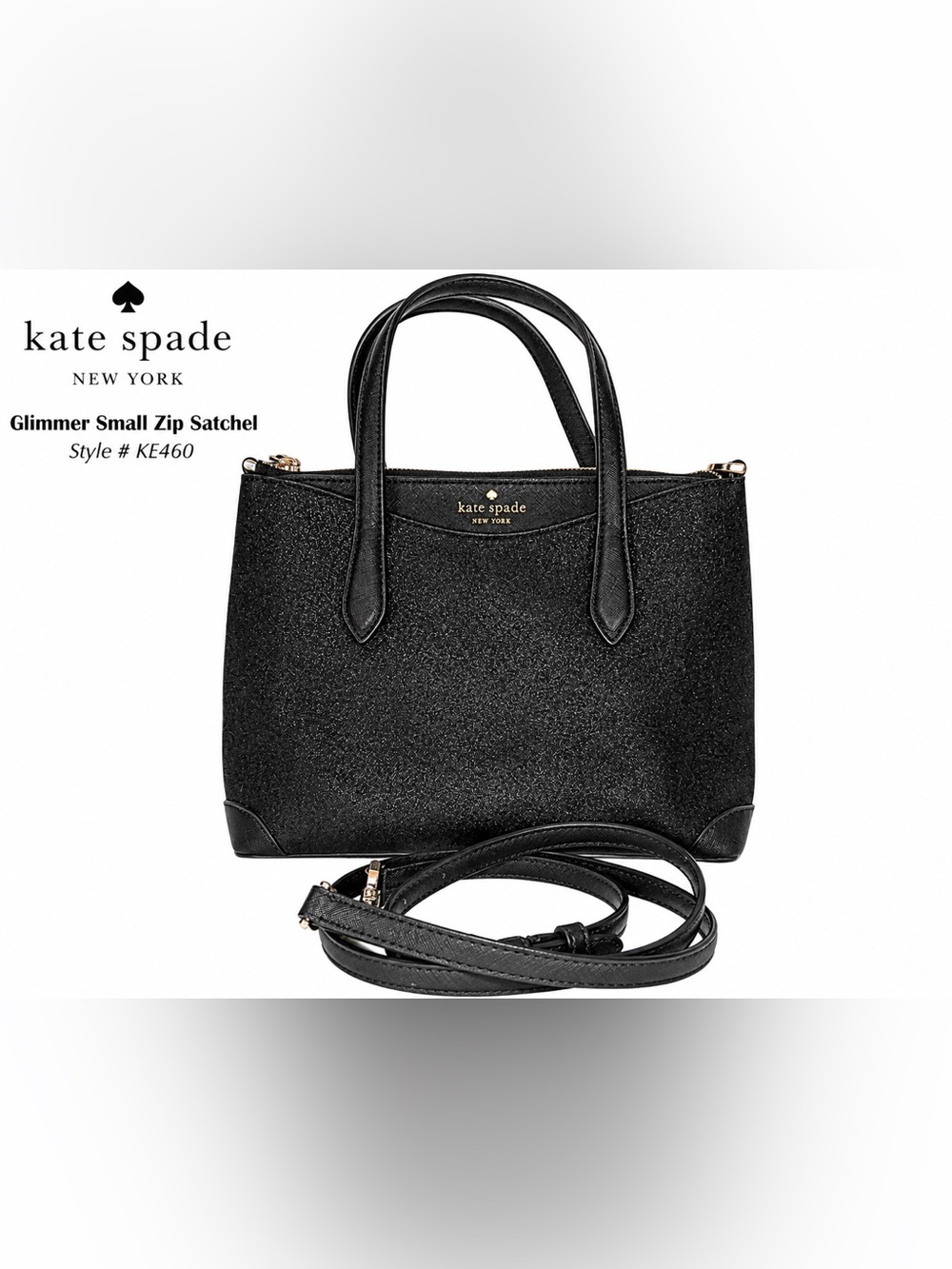 Kate Spade Glimmer Small Zip Satchel Black Glitter Crossbody Handbag KE460